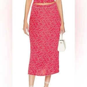 For Love & Lemons Barbera Midi Skirt in Red Floral Midi Skirt Lace Trim Large